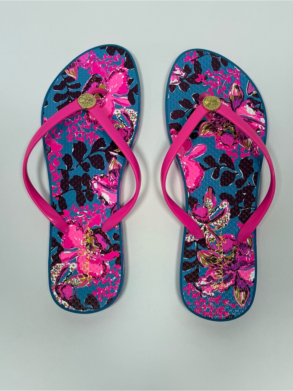 NWOT Lilly Pulitzer Pink Tropical Flip Flops Blue Rhapsody Orchid You Not 9/10 - Picture 4 of 4